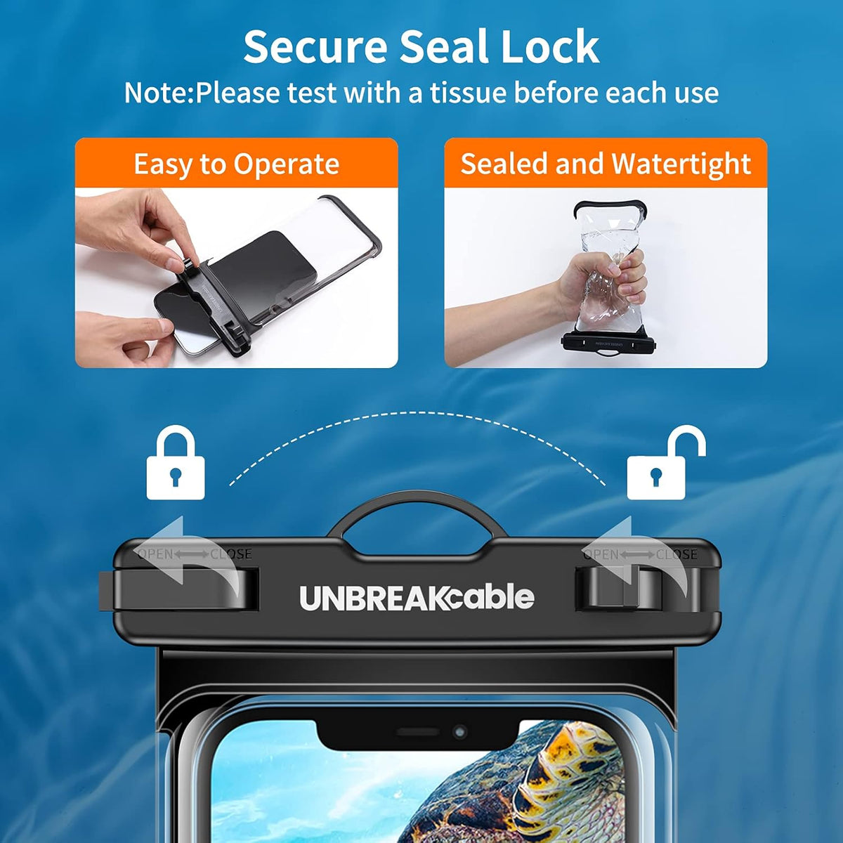 UNBREAKcable Waterproof Phone Pouch-2 Pack IPX8 Waterproof Phone Case for iPhone 16 15 14 13 12 11 Pro Max & Samsung S25 S24 S23-Dry Bag & Travel Essentials for Beach, Pool, Kayak & Cruise-7" Black