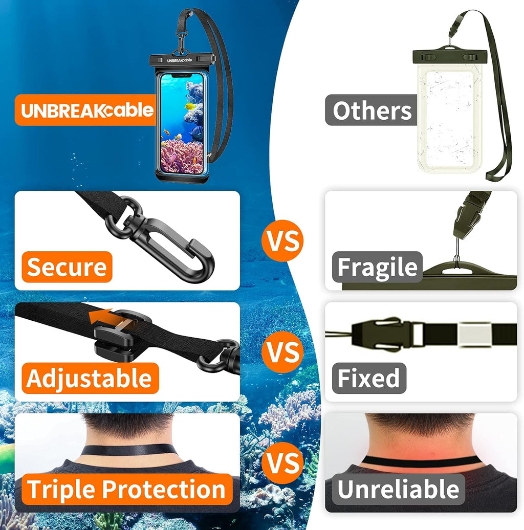UNBREAKcable Waterproof Phone Pouch-2 Pack IPX8 Waterproof Phone Case for iPhone 16 15 14 13 12 11 Pro Max & Samsung S25 S24 S23-Dry Bag & Travel Essentials for Beach, Pool, Kayak & Cruise-7" Black